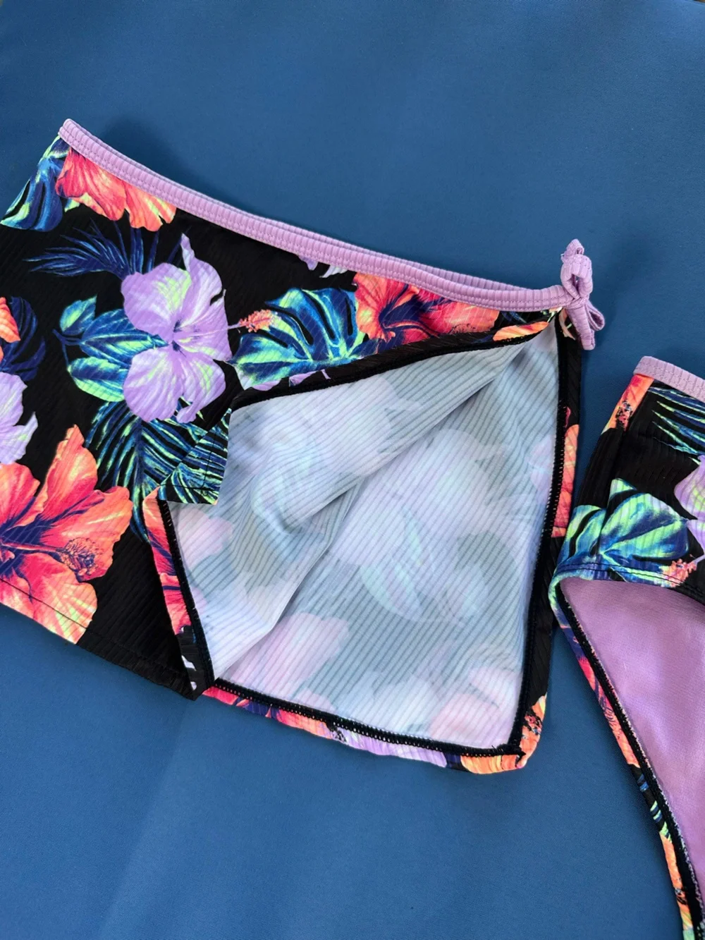 Justice Tropical Floral Two-Piece Swim Set - Purple & Coral Hibiscus Size 10